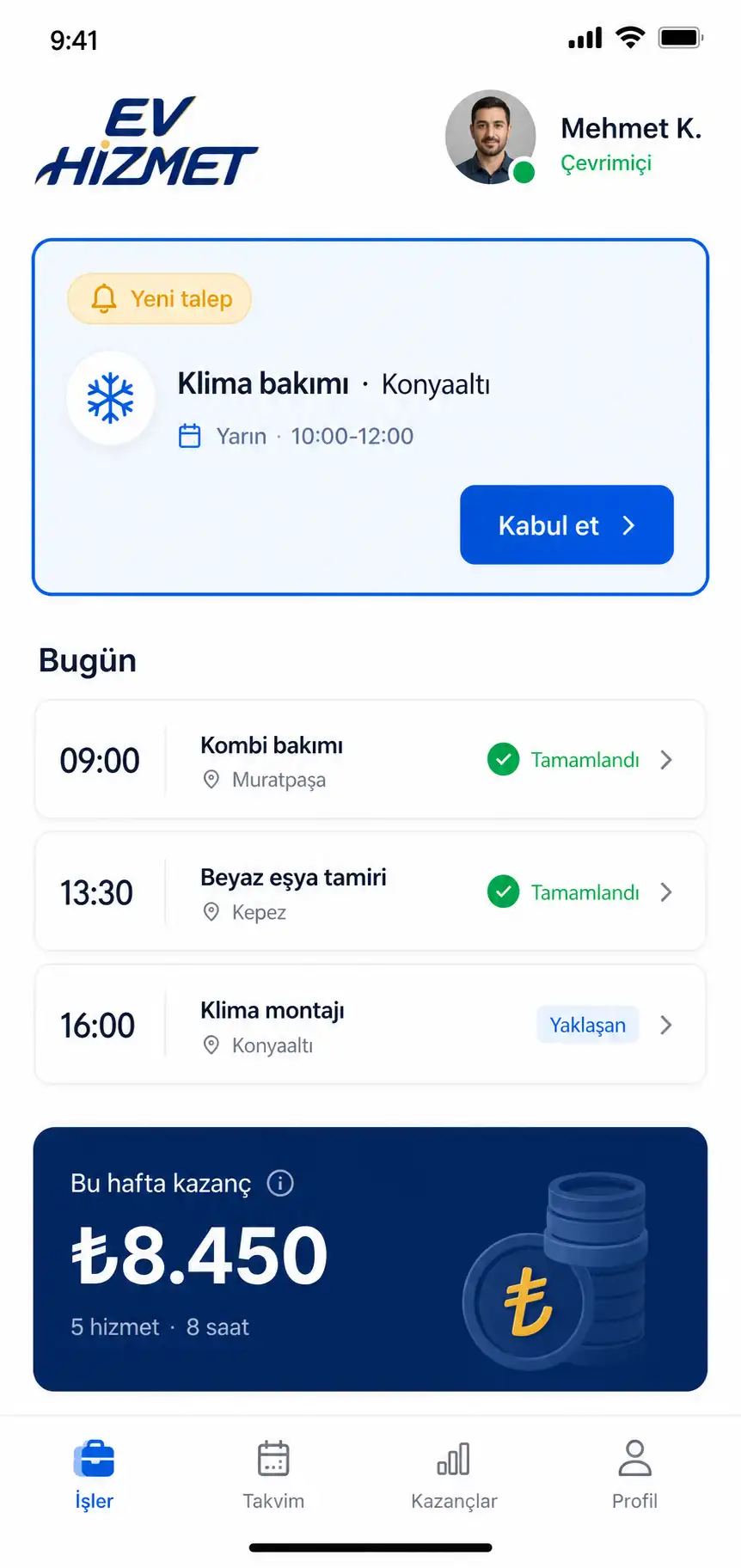 Ev Hizmet usta uygulaması — iş akışı ekranı